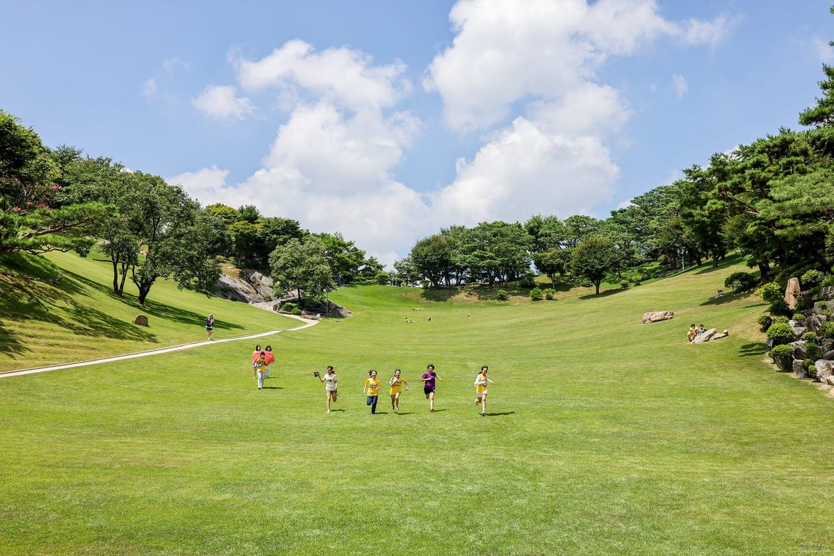 넓은 잔디밭에서 달리며 활동하는 사람들이 보이는 월명동 자연성전 풍경